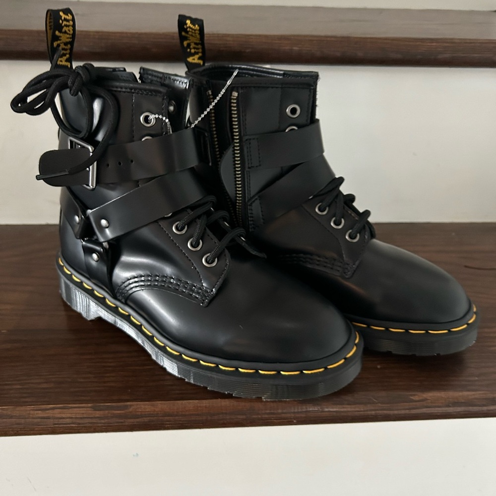Dr. Martens Black Leather Combat Boots with Yellow Welt Stitching